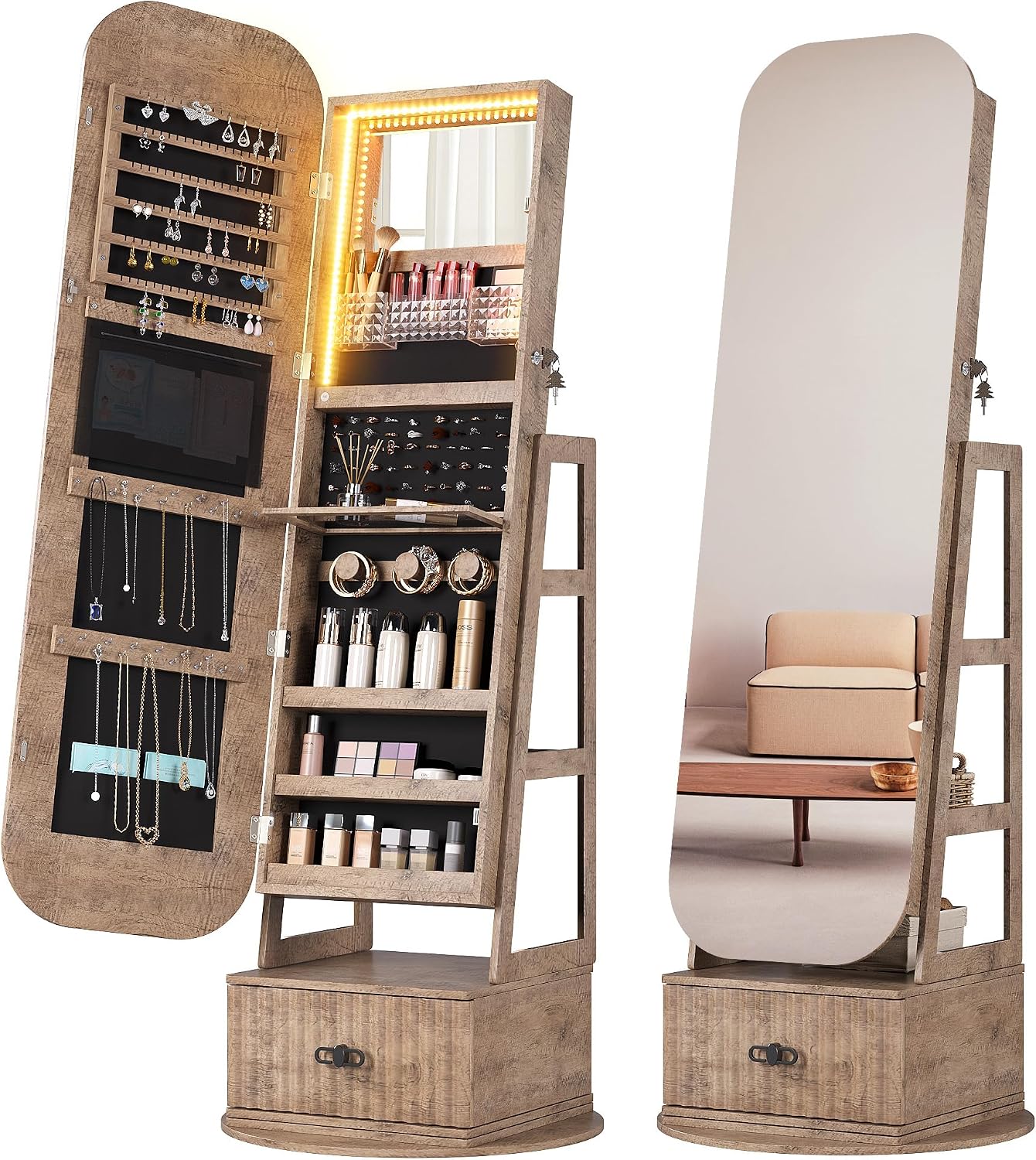 Full Length Mirror Jewelry Armoire - ตู้เก็บเครื่องประดับแบบหมุนได้ 360 องศา พร้อมกระจกเต็มตัว