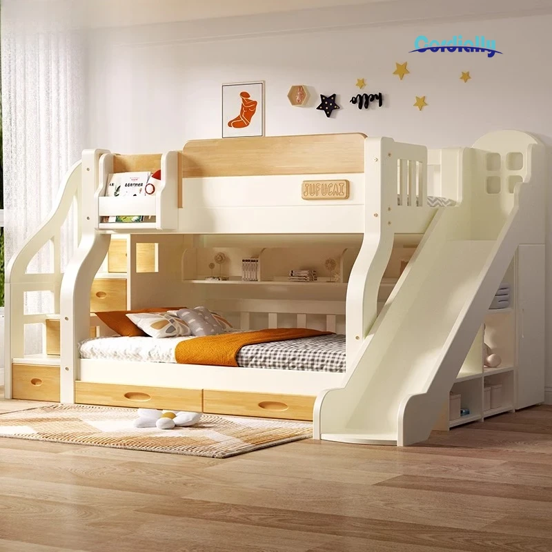 King Size Bed Frame With Storage Drawers - เตียงสองชั้นสไตล์ลอฟท์ พร้อมโครงเตียงและหัวเตียงแบบมีบันได ขนาดคิงไซส์ มีลิ้นชักเก็บของ เหมาะสำหรับเด็กและผู้ใหญ่ ชุดเฟอร์นิเจอร์ห้องนอน