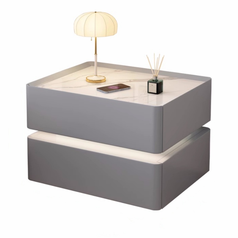 Solid Wood Nightstand 2 Drawers - โต๊ะข้างเตียงอัจฉริยะไม้เนื้อแข็งสไตล์โมเดิร์น 2 ลิ้นชักโต๊ะข้างเตียงในห้องนอนพร้อมตู้เก็บของด้านข้างสีแพทช์ล็อค