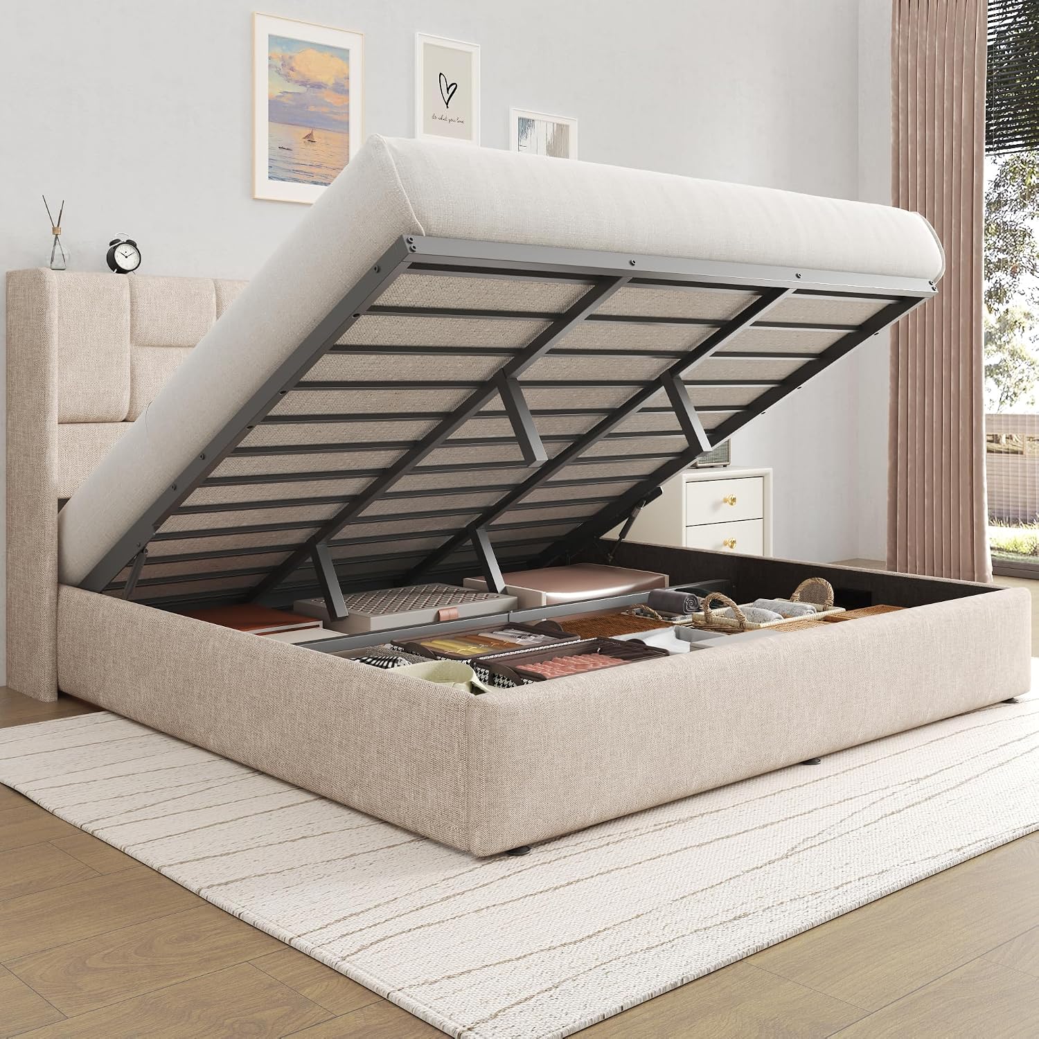 Gas Lift Storage Bed Hydraulic - โครงเตียงคิงไซส์ ระบบยกไฮดรอลิก พร้อมช่องเก็บของ บุผ้าลินิน แบบแพลตฟอร์ม สั่งทำพิเศษ