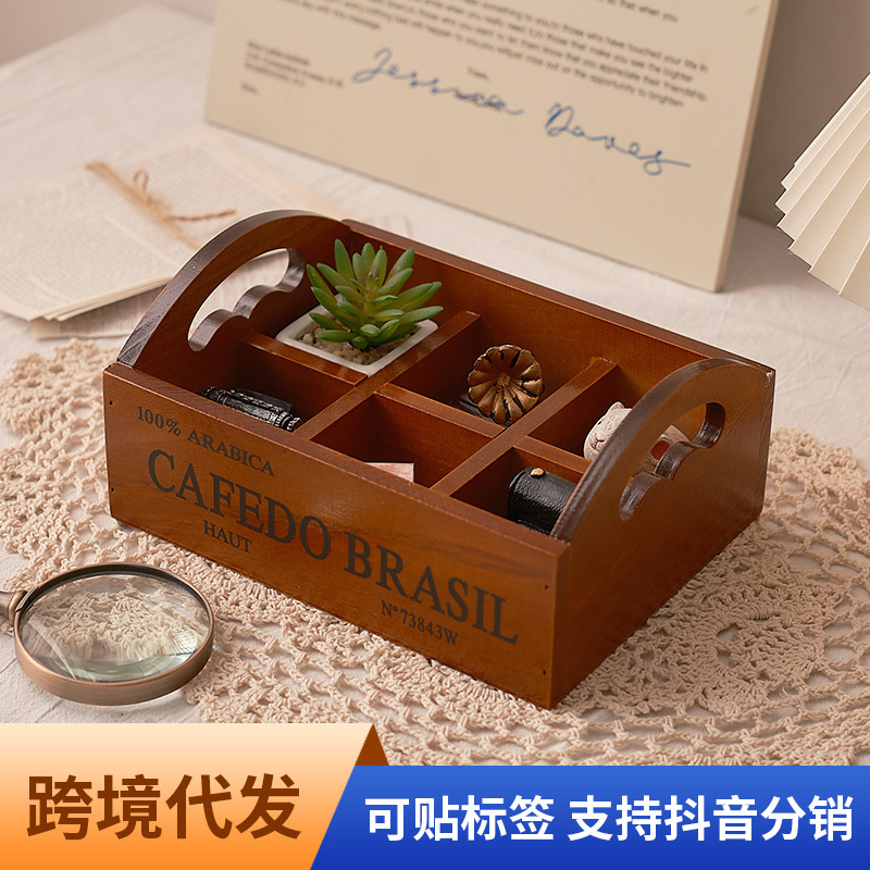 Storage - กล่องเก็บของไม้สไตล์ Zakka แบบย้อนยุค 6 ช่อง พกพาสะดวก