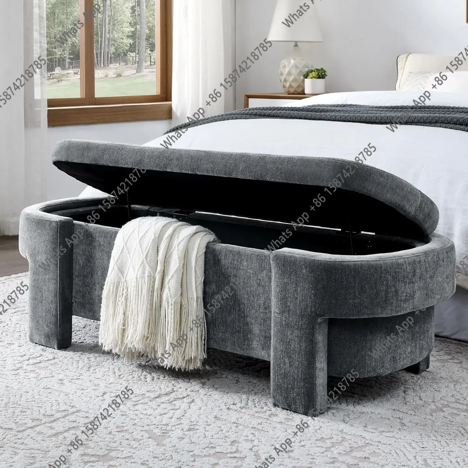Bedroom Furniture - ม้านั่งเก็บของทรงวงรีหุ้มผ้าลินินขนาดใหญ่ 51.5 นิ้ว (131 ซม.) พร้อมบานพับนิรภัยและช่องเก็บของซ่อน