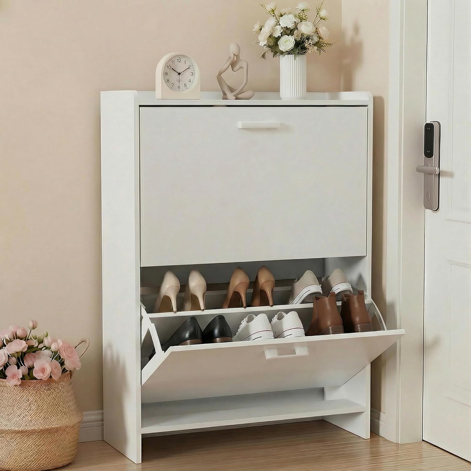 Shoe Rack Cabinet Narrow Entryway - # ตู้เก็บรองเท้าทรงแคบพร้อมลิ้นชักแบบพลิก 2 ช่อง, ตู้เก็บของแบบซ่อนสำหรับทางเข้าและโถงทางเดิน, ประหยัดพื้นที่,