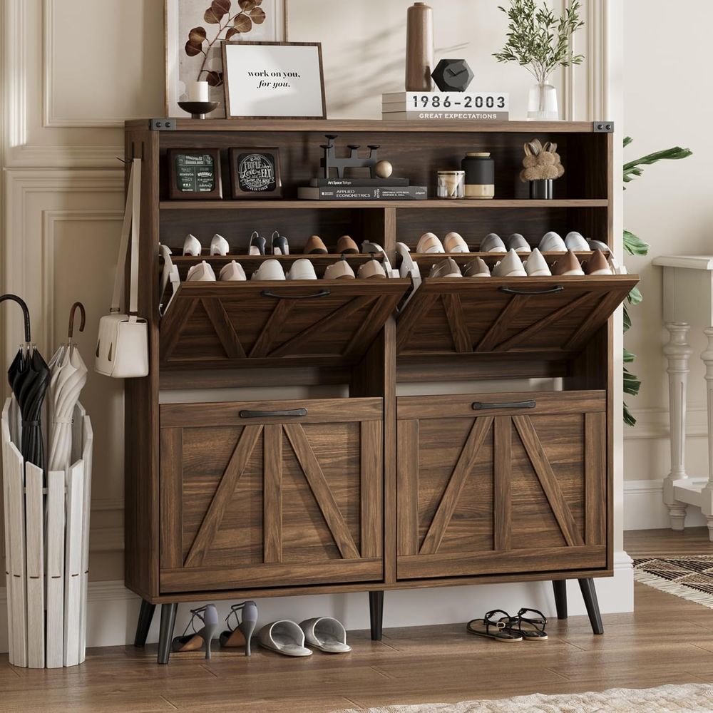 Shoe Rack Cabinet Narrow Entryway - ตู้เก็บรองเท้าแบบมี 4 ชั้น, ตู้เก็บรองเท้าสไตล์บ้านไร่หรือสำหรับทางเข้า, ชั้นวางของแบบตั้งพื้นทรงแคบพร้อมชั้นวางแบบเปิด