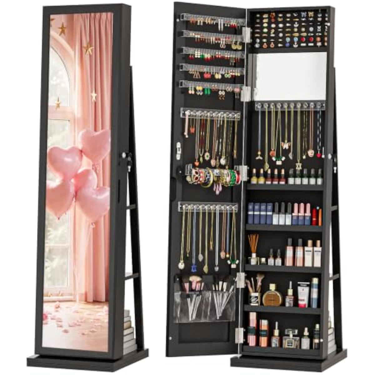 Full Length Mirror Jewelry Armoire - ตู้เก็บเครื่องประดับสีดำหรูหราพร้อมกระจกหมุนเต็มตัว ภายในบุด้วยกำมะหยี่ มีช่องใส่ต่างหู 100 ช่อง และตะขอแขวนสร้อยคอ