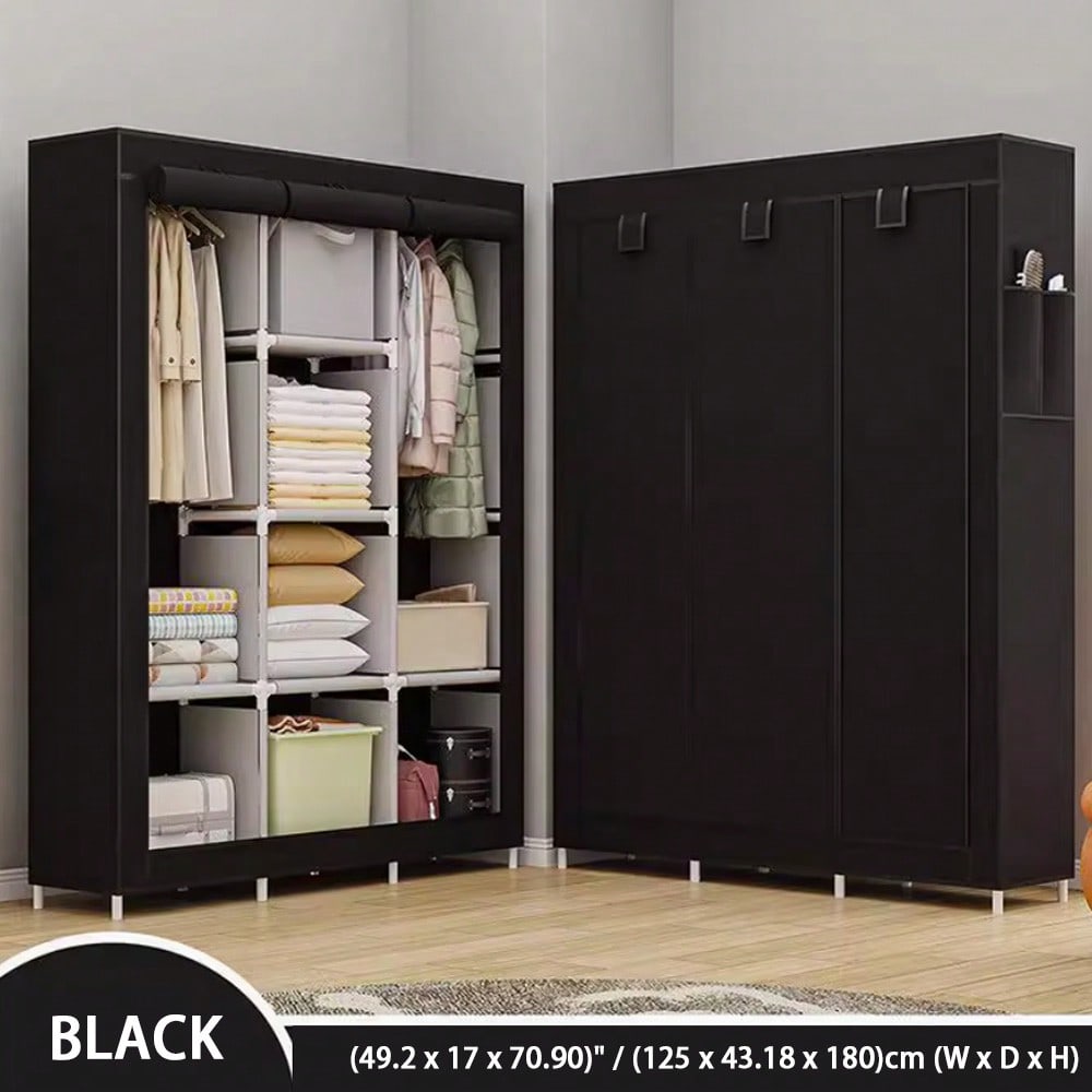 Wardrobe Closet Portable Fabric Cover - ตู้เสื้อผ้าแบบพกพาขนาด 71 นิ้ว สีดำทันสมัย พร้อมชั้นเก็บเสื้อผ้าแบบผ้า ป้องกันฝุ่นด้วยซิป