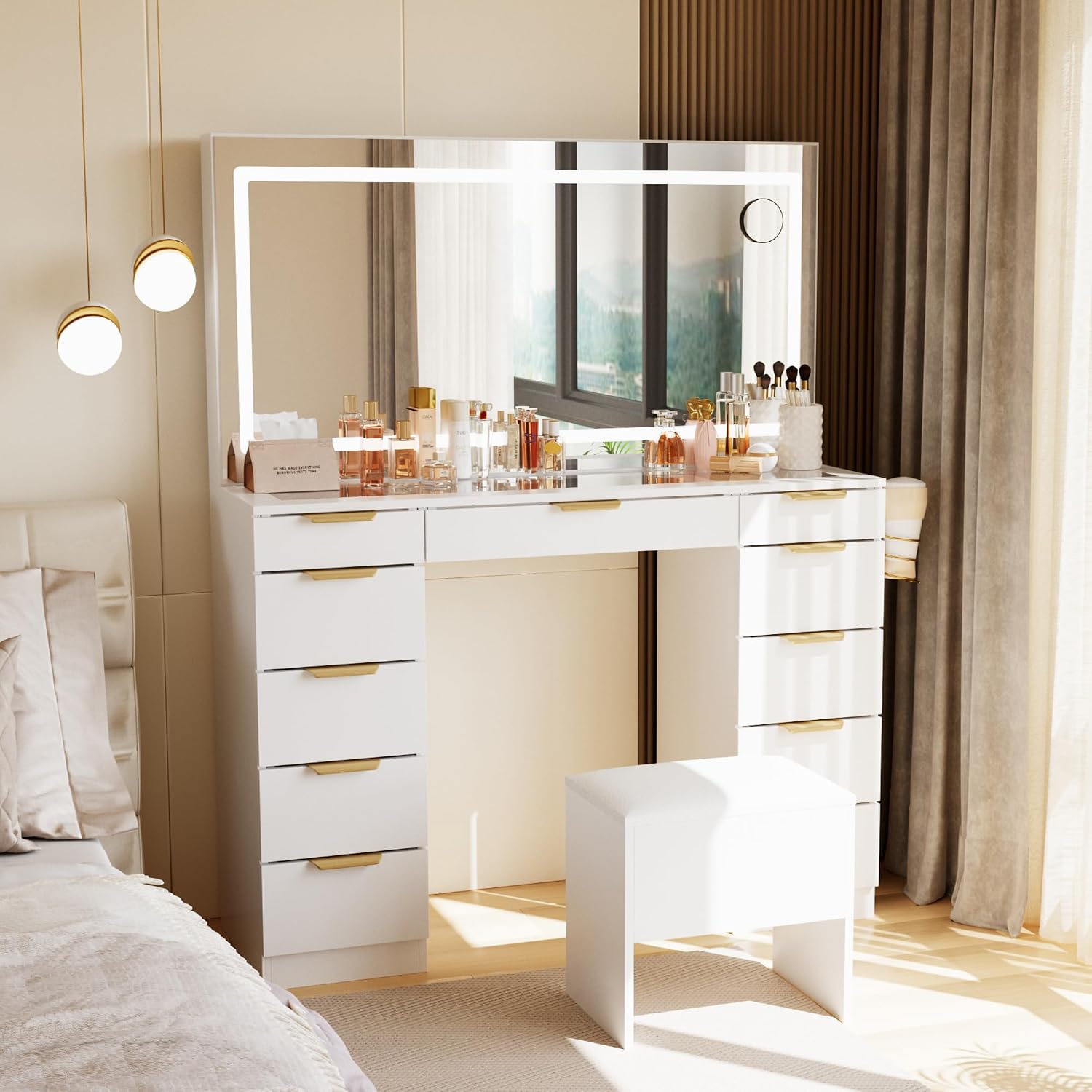 Dressing Table Vanity With Lighted Mirror - โต๊ะเครื่องแป้งกระจกพร้อมกระจกและไฟ, โต๊ะเครื่องแป้ง 11 ลิ้นชักพร้อมเก้าอี้, โต๊ะแต่งหน้า 3