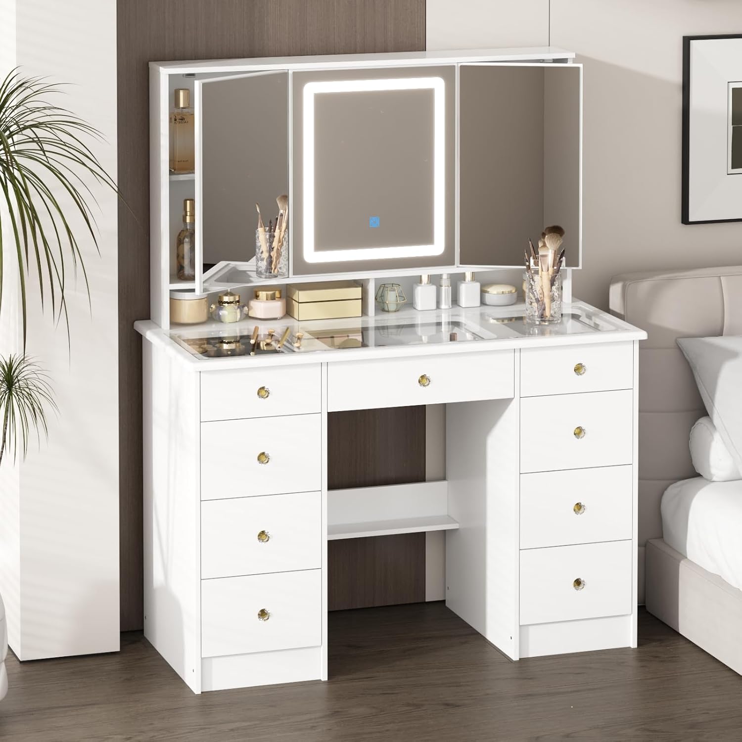 Dressing Table Vanity With Lighted Mirror - โต๊ะเครื่องแป้งพร้อมกระจกและไฟ, โต๊ะเครื่องแป้งหน้ากระจกขนาดใหญ่ | 9 ลิ้นชักและชั้นวางของแบบซ่อน, โต๊ะเครื่องแป้งสไตล์โมเดิร์น,