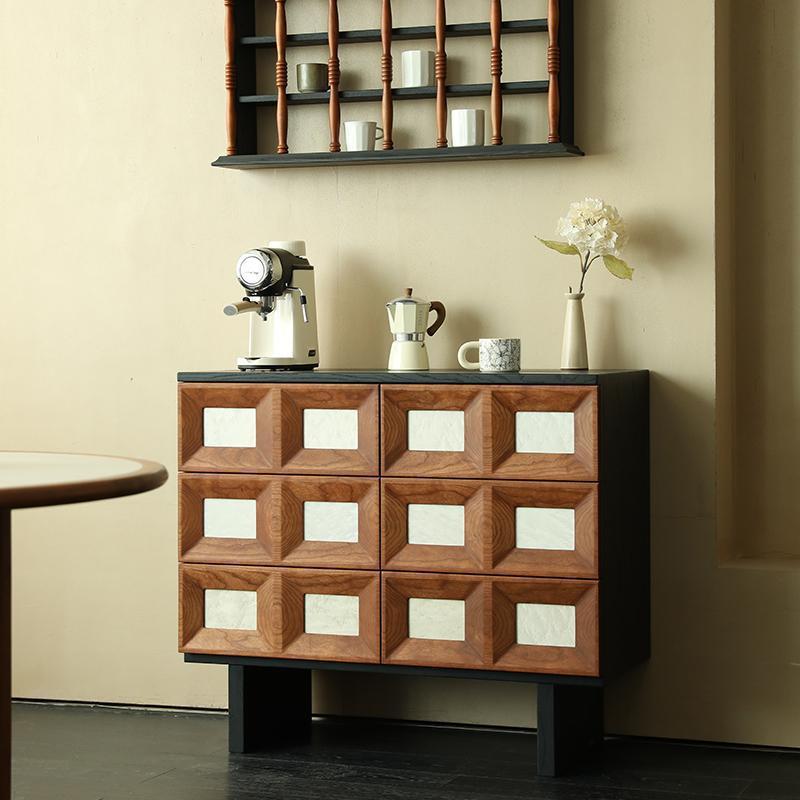 Storage - ตู้เก็บของแบบหกช่องสไตล์ยุคกลาง ตู้เก็บของไม้เนื้อแข็งสีดำตัดกับสีอื่นๆ ตู้ข้างเตียง