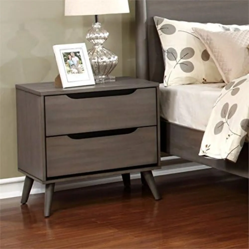 Solid Wood Nightstand 2 Drawers - ตู้ข้างเตียง 2 ลิ้นชัก สไตล์มิดเซ็นจูรี่ ทำจากไม้เนื้อแข็ง/ไม้วีเนียร์/MDF สีเทา
