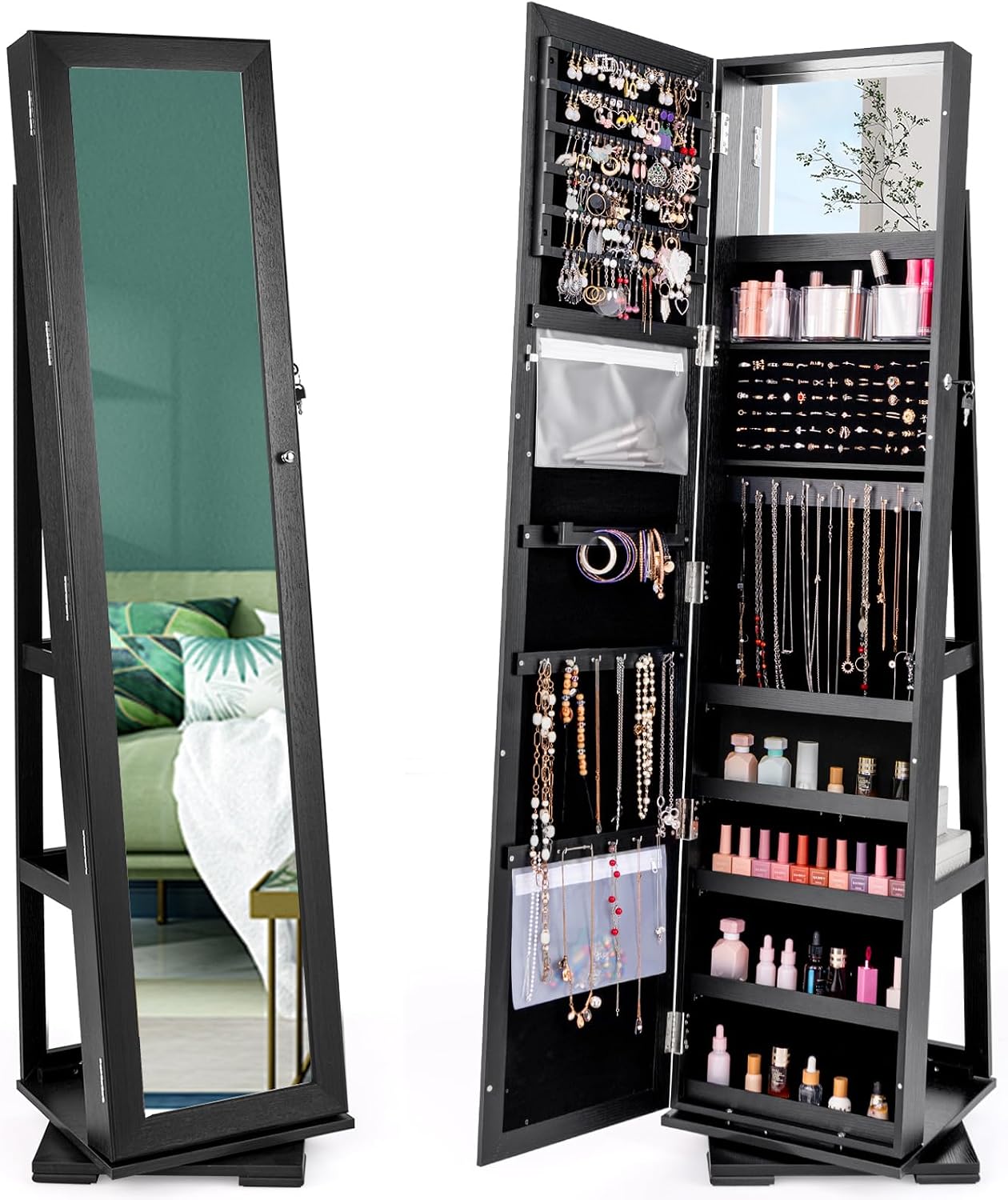 Full Length Mirror Jewelry Armoire - ตู้เก็บเครื่องประดับแบบตั้งพื้นสีดำ พร้อมระบบล็อค หมุนได้ 360 องศา กระจกเงาเต็มตัว