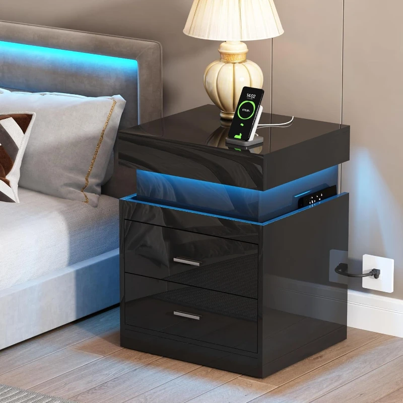 Solid Wood Nightstand 2 Drawers - โต๊ะข้างเตียง LED พร้อมสถานีชาร์จไฟ ท็อปเลื่อนอัจฉริยะ ลิ้นชักเก็บของ 2