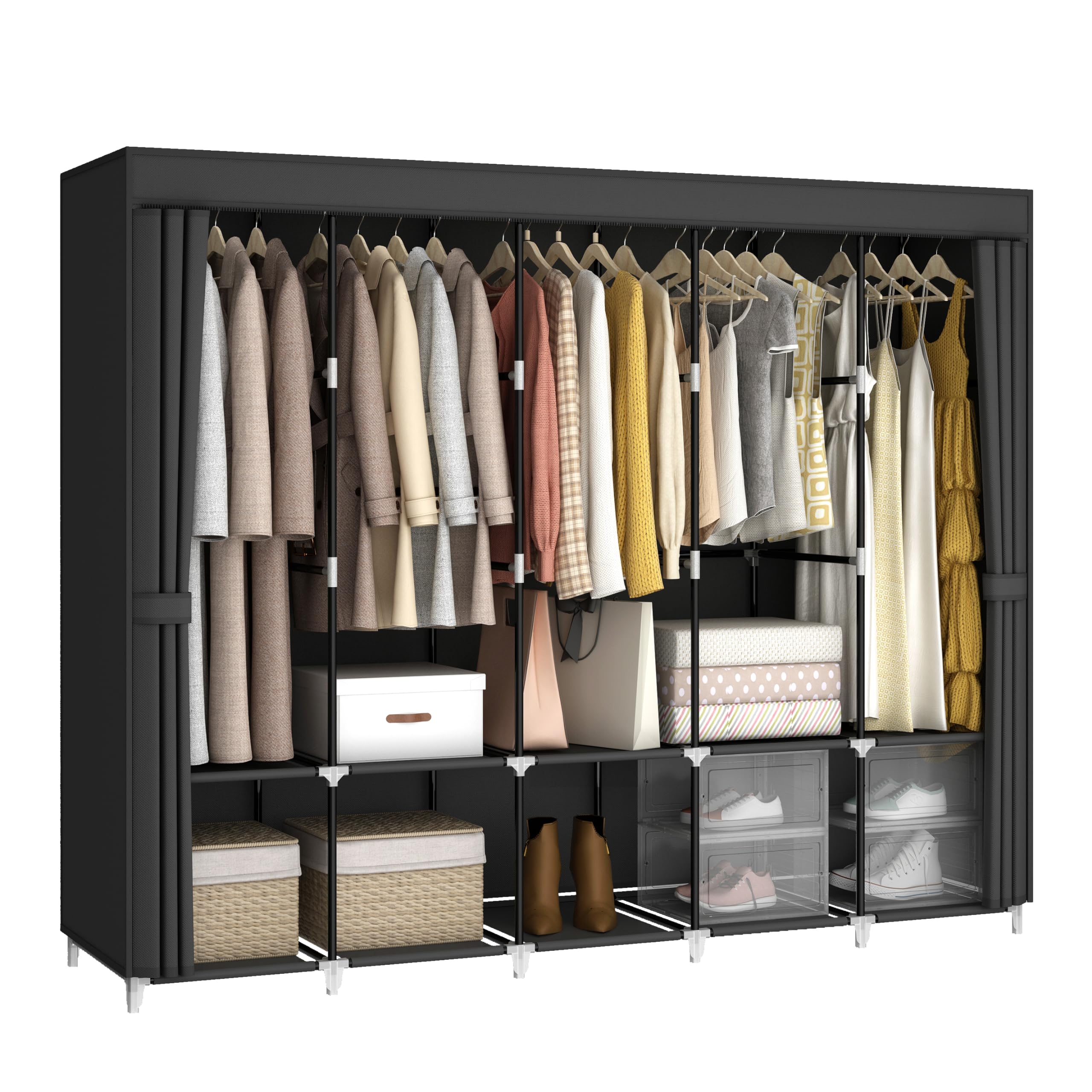 Wardrobe Closet Portable Fabric Cover - ตู้เสื้อผ้าแบบพกพาขนาดใหญ่ 83 นิ้ว สำหรับแขวนเสื้อผ้า พร้อมผ้าคลุม 5