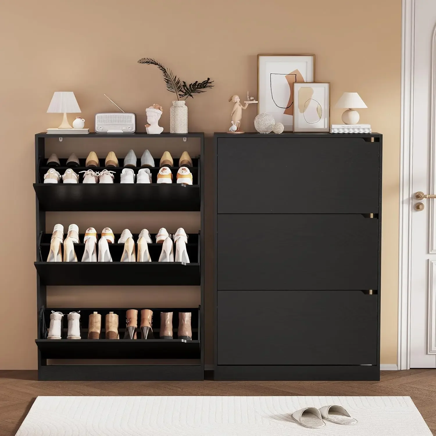 Shoe Rack Cabinet Narrow Entryway - ตู้เก็บรองเท้า, ตู้เก็บรองเท้าไม้สำหรับทางเข้าบ้านพร้อมลิ้นชักแบบเปิด-ปิด 3 ช่อง, ชั้นวางรองเท้าแบบตั้งพื้นพร้อมชั้นวางปรับระดับได้, ขนาดแคบ
