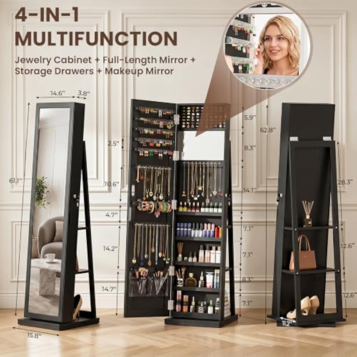 ตู้เก็บเครื่องประดับสีดำหรูหรา - Full Length Mirror Jewelry Armoire บทวิจารณ์และราคา
