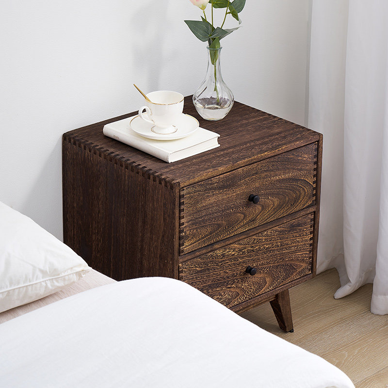 ตู้ข้างเตียงไม้เนื้อแข็งสไตล์เ - Solid Wood Nightstand 2 Drawers บทวิจารณ์และราคา