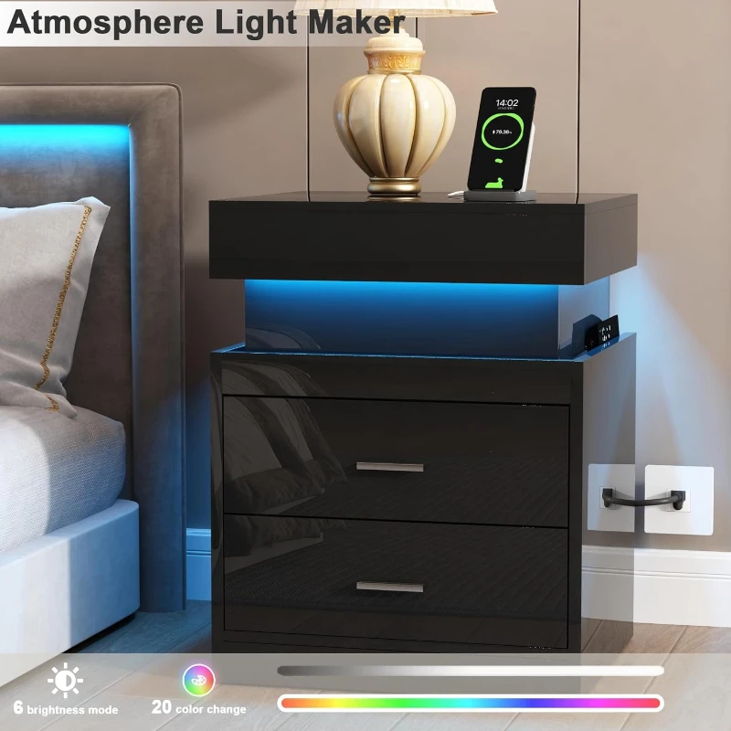 โต๊ะข้างเตียง LED พร้อมสถานีชา - Solid Wood Nightstand 2 Drawers บทวิจารณ์และราคา