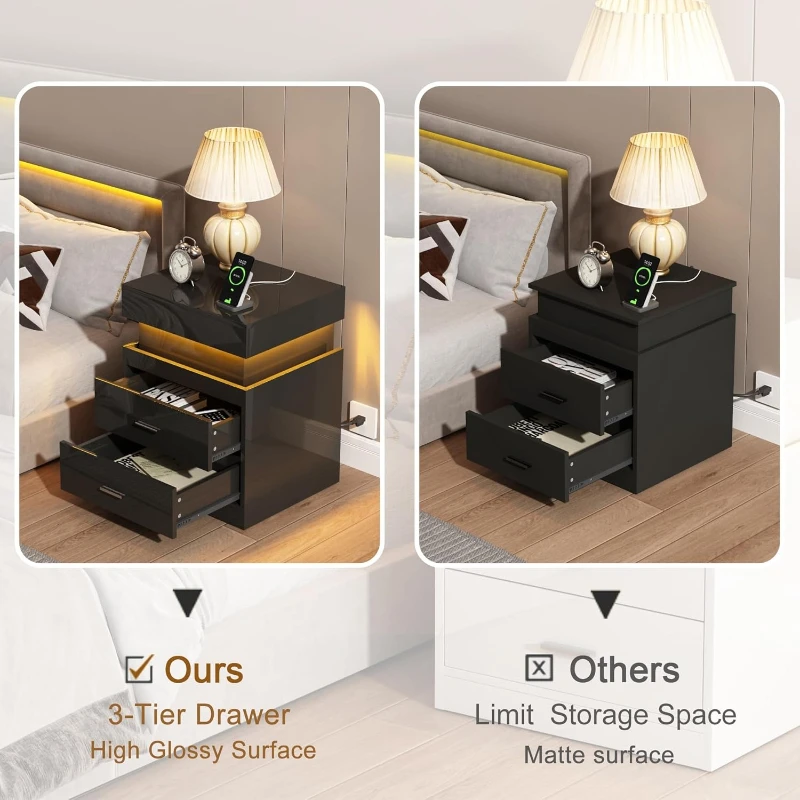 โต๊ะข้างเตียง LED พร้อมสถานีชา - Solid Wood Nightstand 2 Drawers บทวิจารณ์และราคา